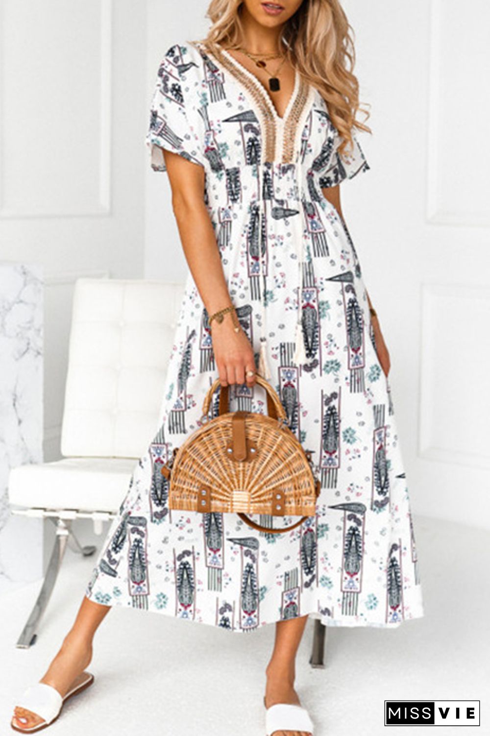 Fashion Elegant Print Tassel Split Joint V Neck A Line Dresses