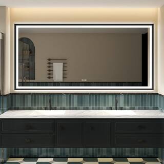 ANGELES HOME 84 in. W x 40 in. H Rectangular Framed Back and Front Light LED Wall Defog Plug Bathroom Vanity Mirror in Matte Black W6FM8440MB-CK