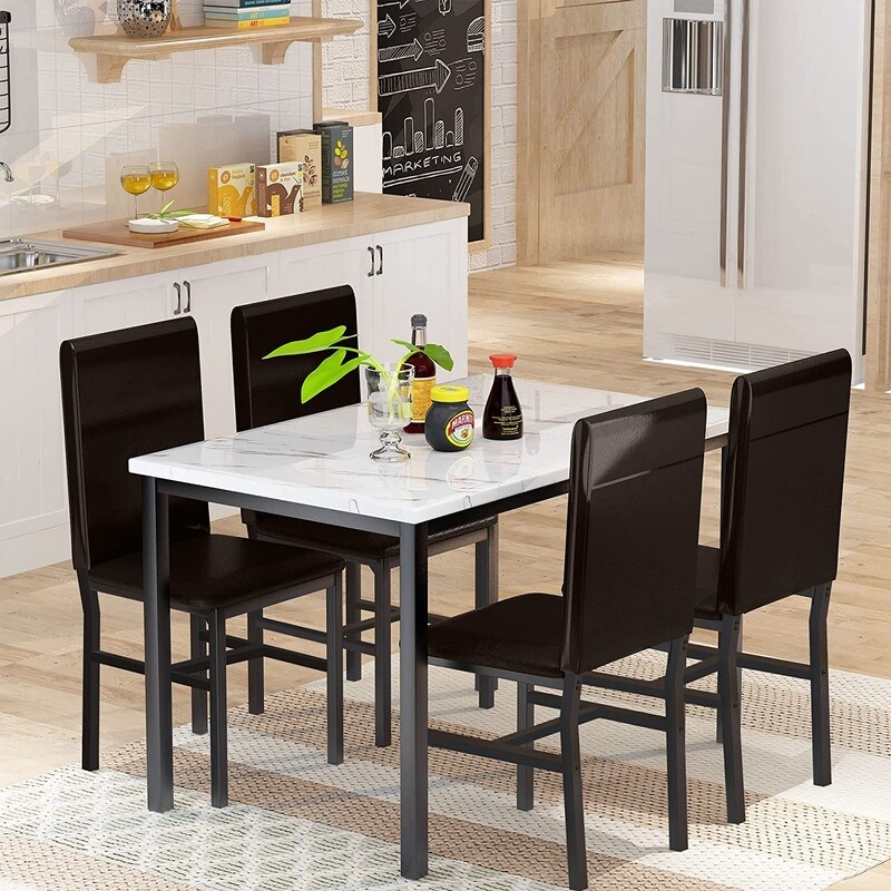 Mieres 5 Pieces Faux Marble Dining Table Set with 4 Upholstered PU Leather Chairs