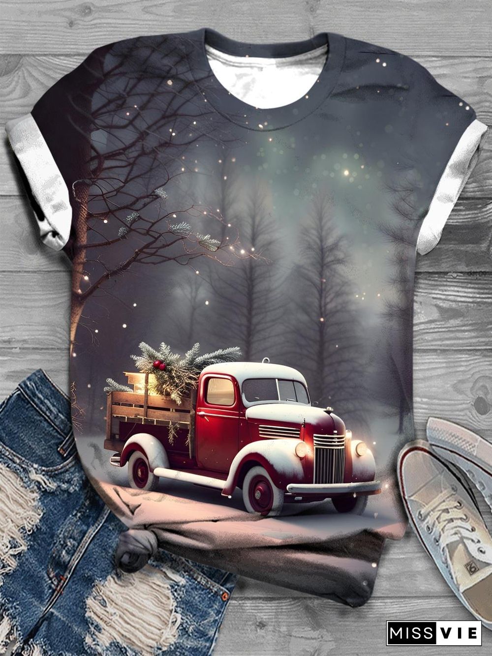 Red Christmas Truck Crew Neck T-Shirt