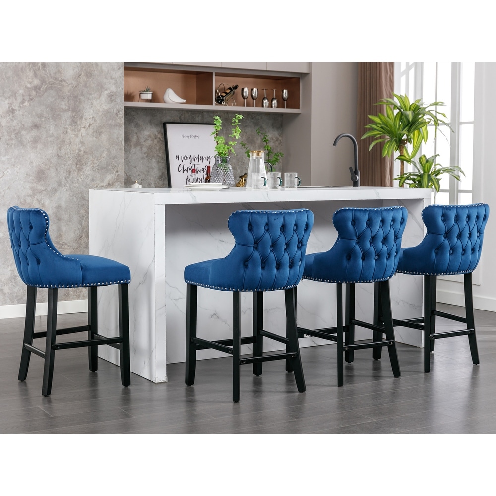 Contemporary Velvet Bar Upholstered Wing Back Barstools with Button Tufted Decoration and Wooden Legs  Set of 4