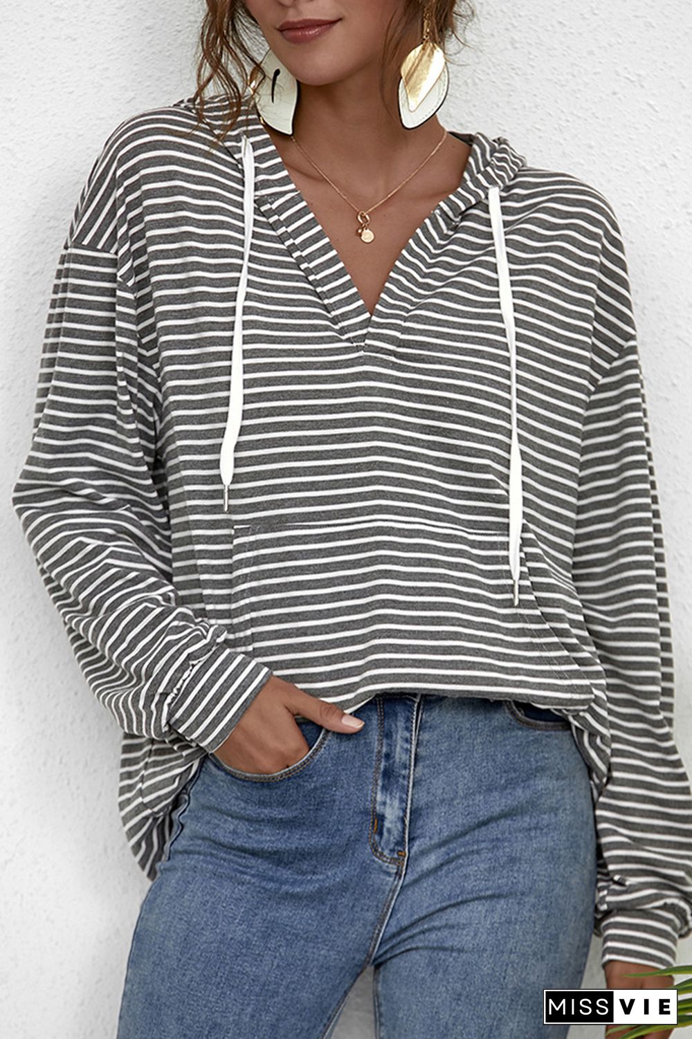 Stripes V Neck Front Pocket Drawstring Hoodies Wholesale