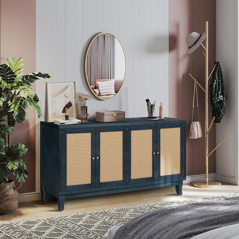 Softly Lacquer Finishes Accent Storage Cabinet Sideboard Wooden Cabinet with Antique Deep Blue 4Doors for Living Room