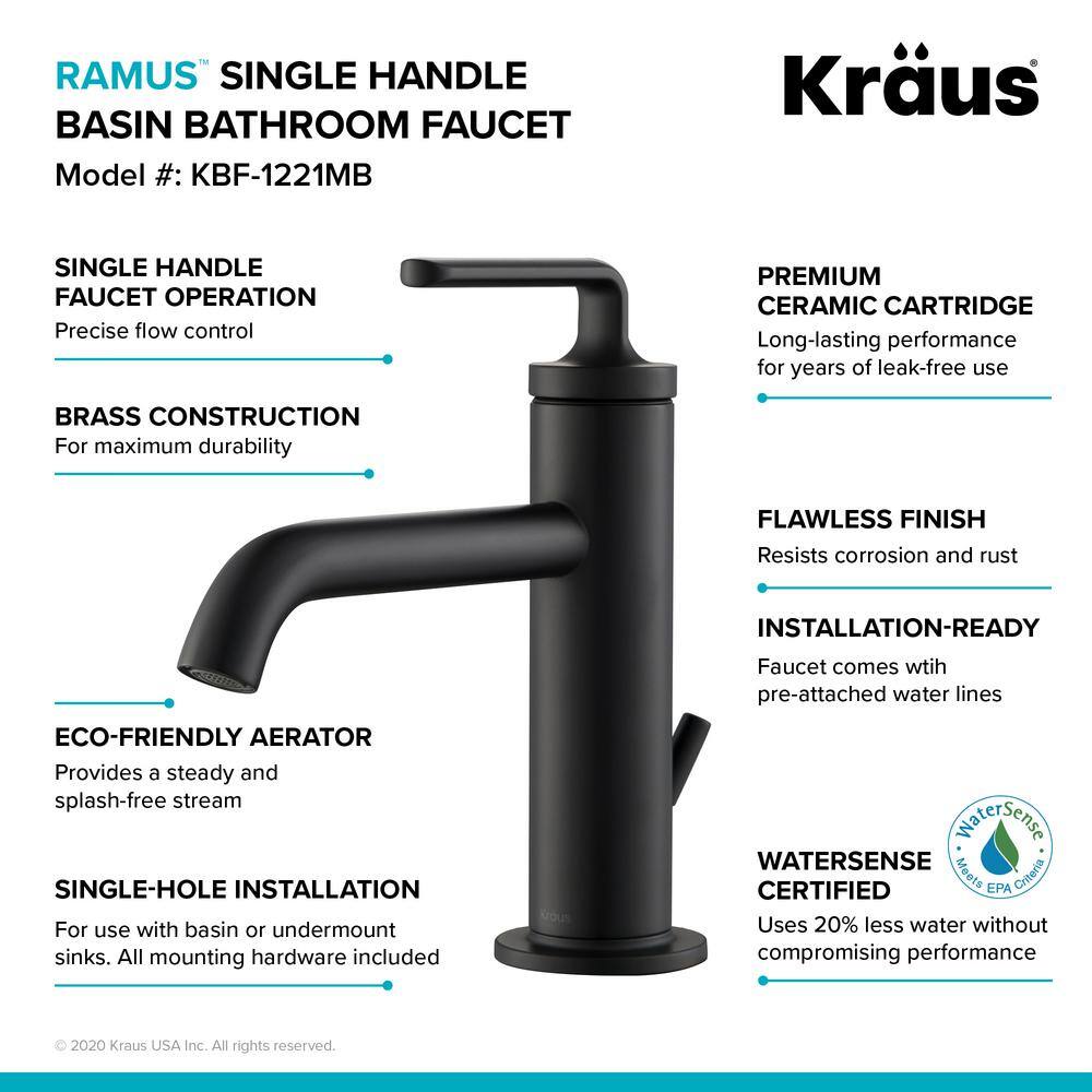 KRAUS Ramus Single Hole Single-Handle Bathroom Faucet with Matching Lift Rod Drain in Matte Black KBF-1221MB