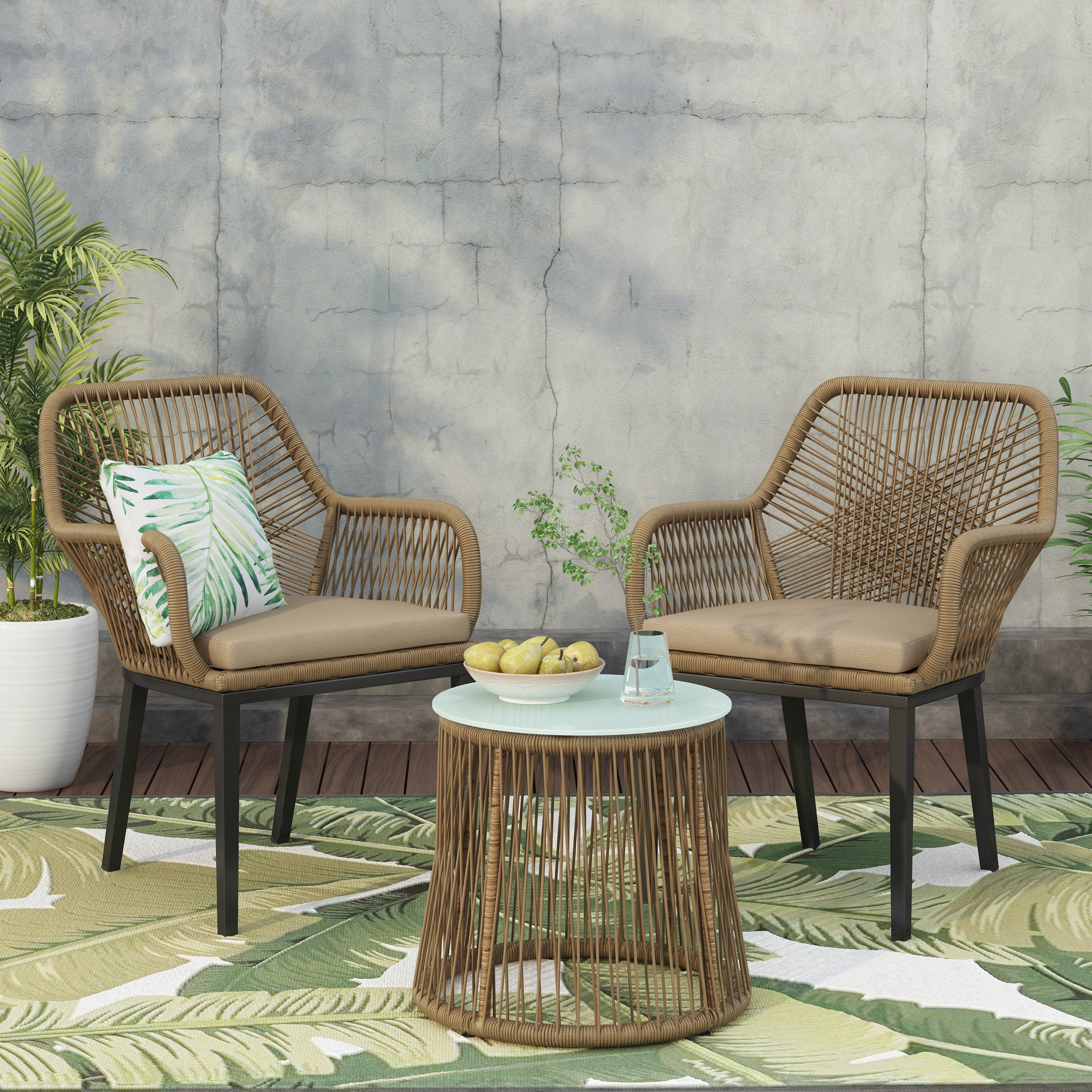 Eloam Outdoor Wicker 2 Seater Chat Set, Light Brown and Beige