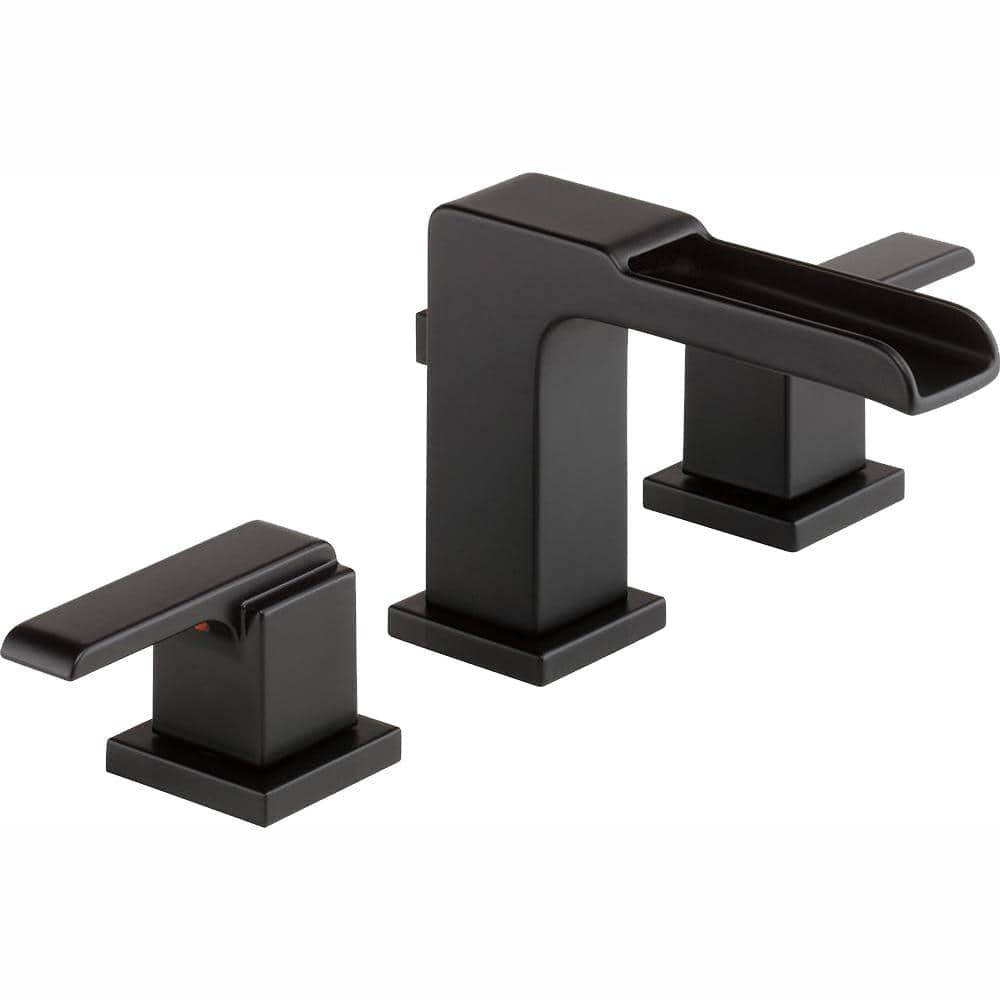 Delta Ara 8 in Widespread 2Handle Bathroom Faucet with Channel Spout and Metal PopUp in Matte Black