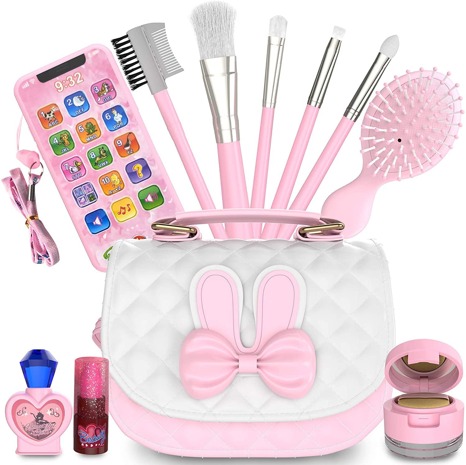 Nylea Pretend Makeup Purse Bag Play Kit for Little Girls， Fake Phone， Hair Brush ， Mirror， Lipstick 11pcs Set