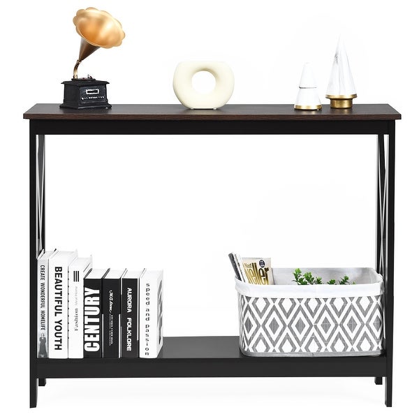 Costway 2-Tier Console Table x-Design Bookshelf Sofa Side Accent Table