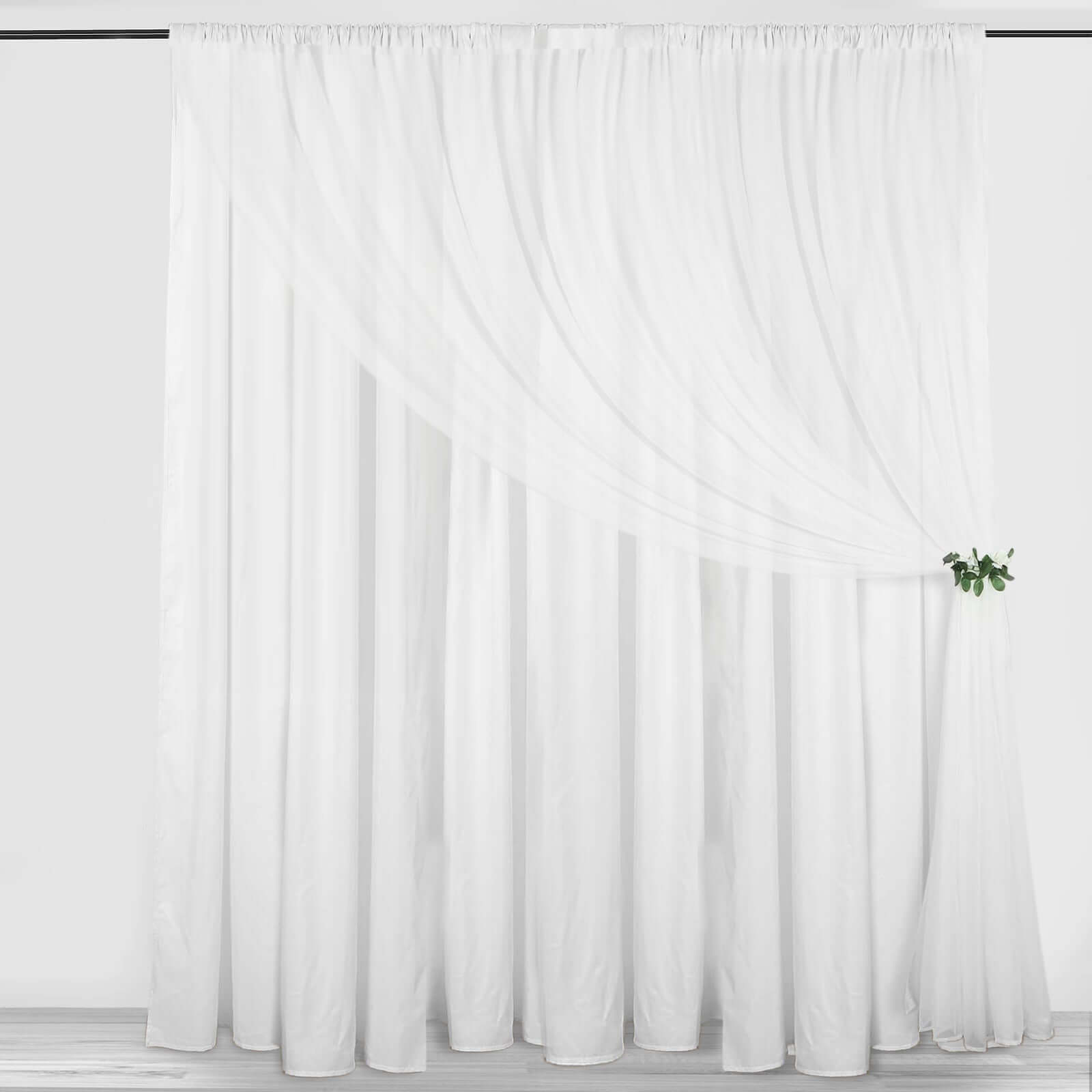 White Chiffon Polyester Backdrop Drape Curtain, Dual Layer Event Divider Panel with Rod Pockets - 10ftx10ft