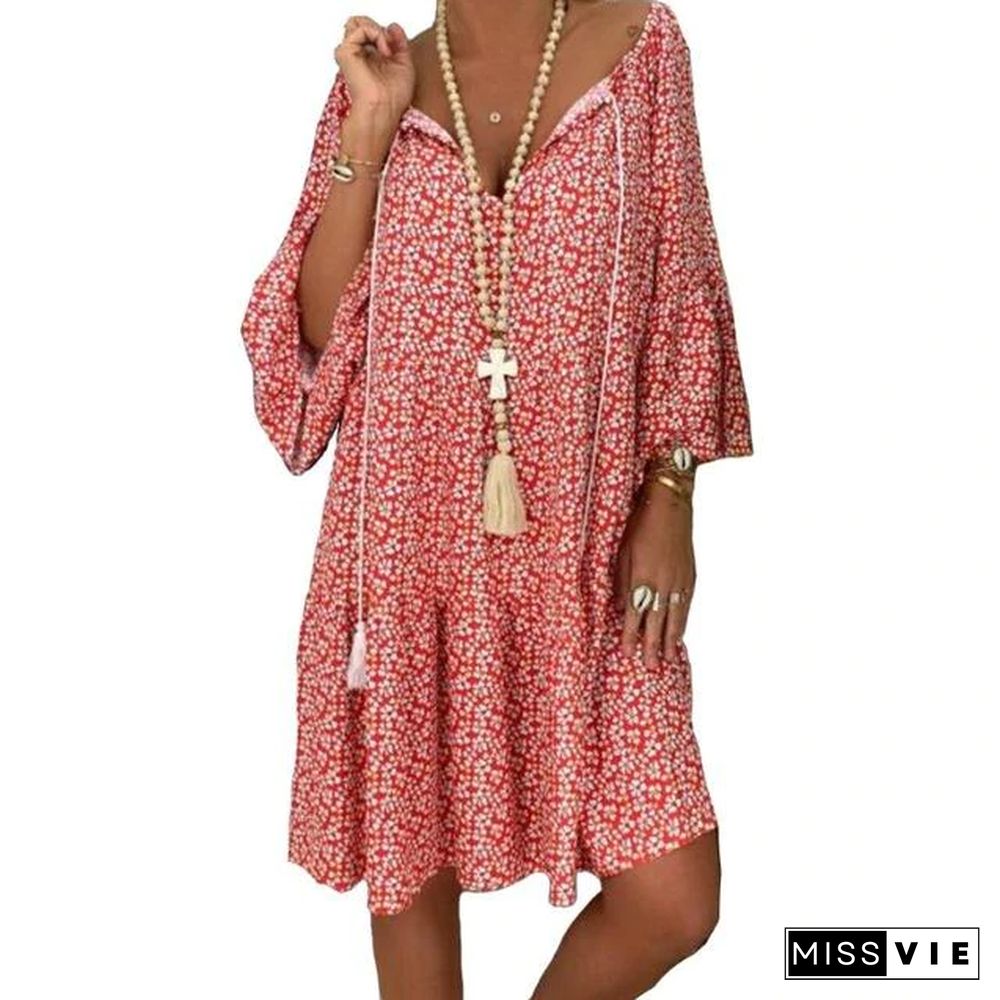 Summer Women Boho Floral Long Sleeve Dress Holiday Beach Shirt Dress Ladies Print Mini Dress Plus Size S-5XL