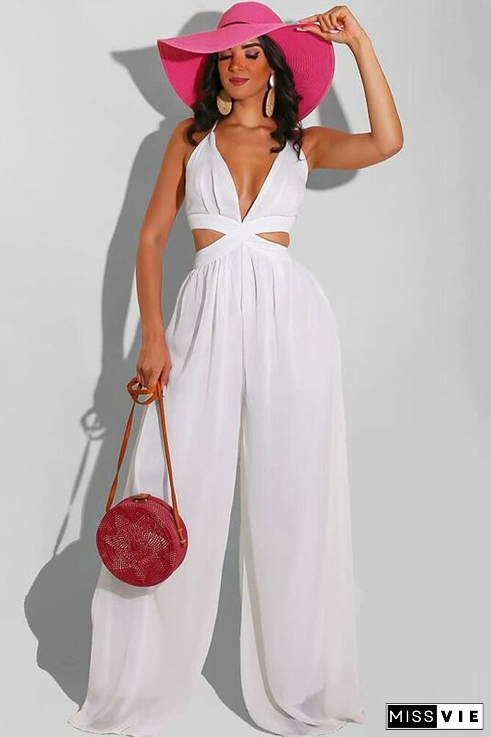 Solid Color Casual Chiffon Women's Jumpsuit Cut Out Backless Romper