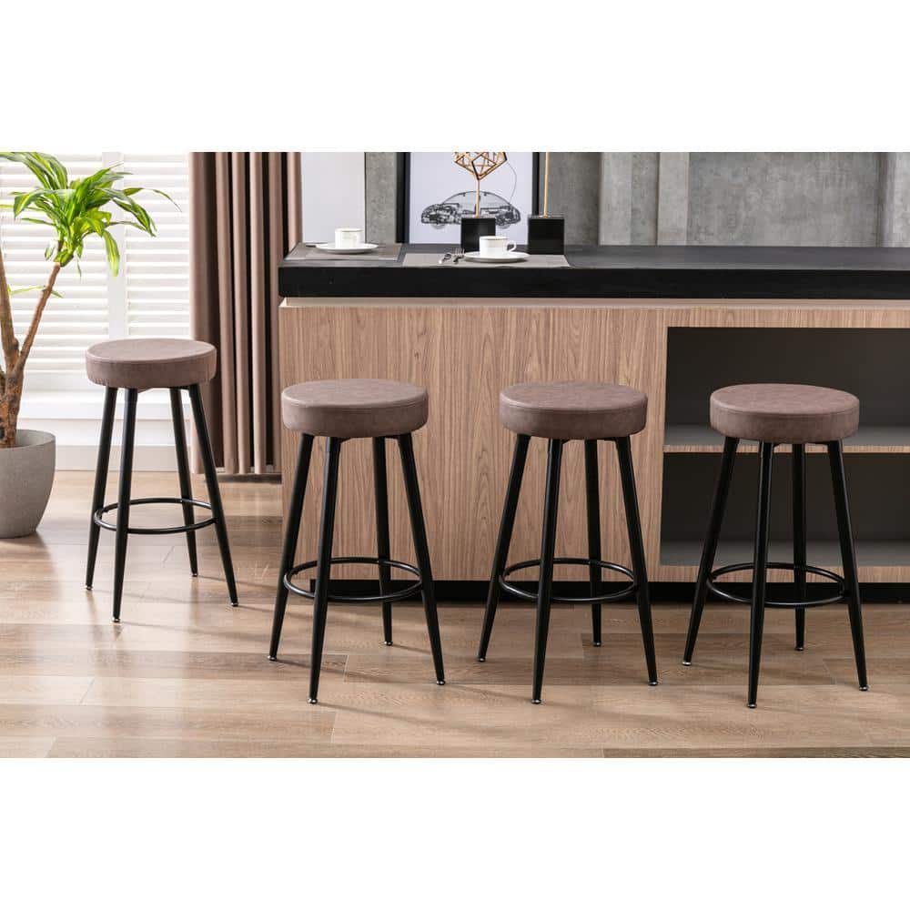 mieres 28 in. H Industrial PU Leather Bar Stools Round Kitchen Counter Stools Bar Chairs with Metal Leg (Set of 2) YWZW1143412041