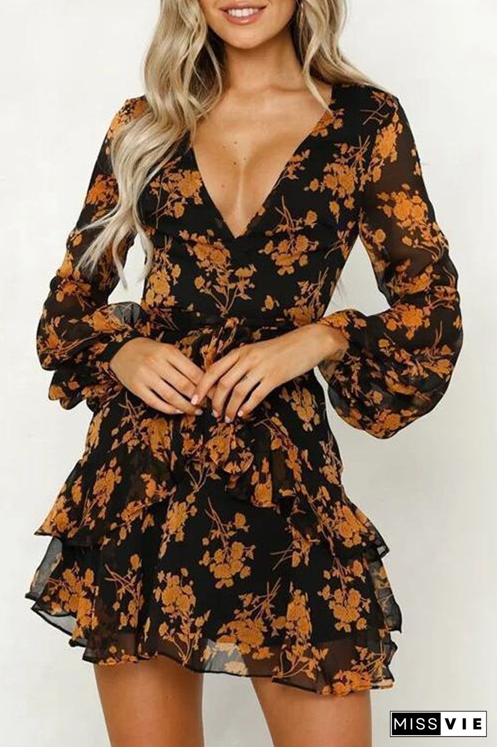 V-neck Printed Long-sleeved Dress