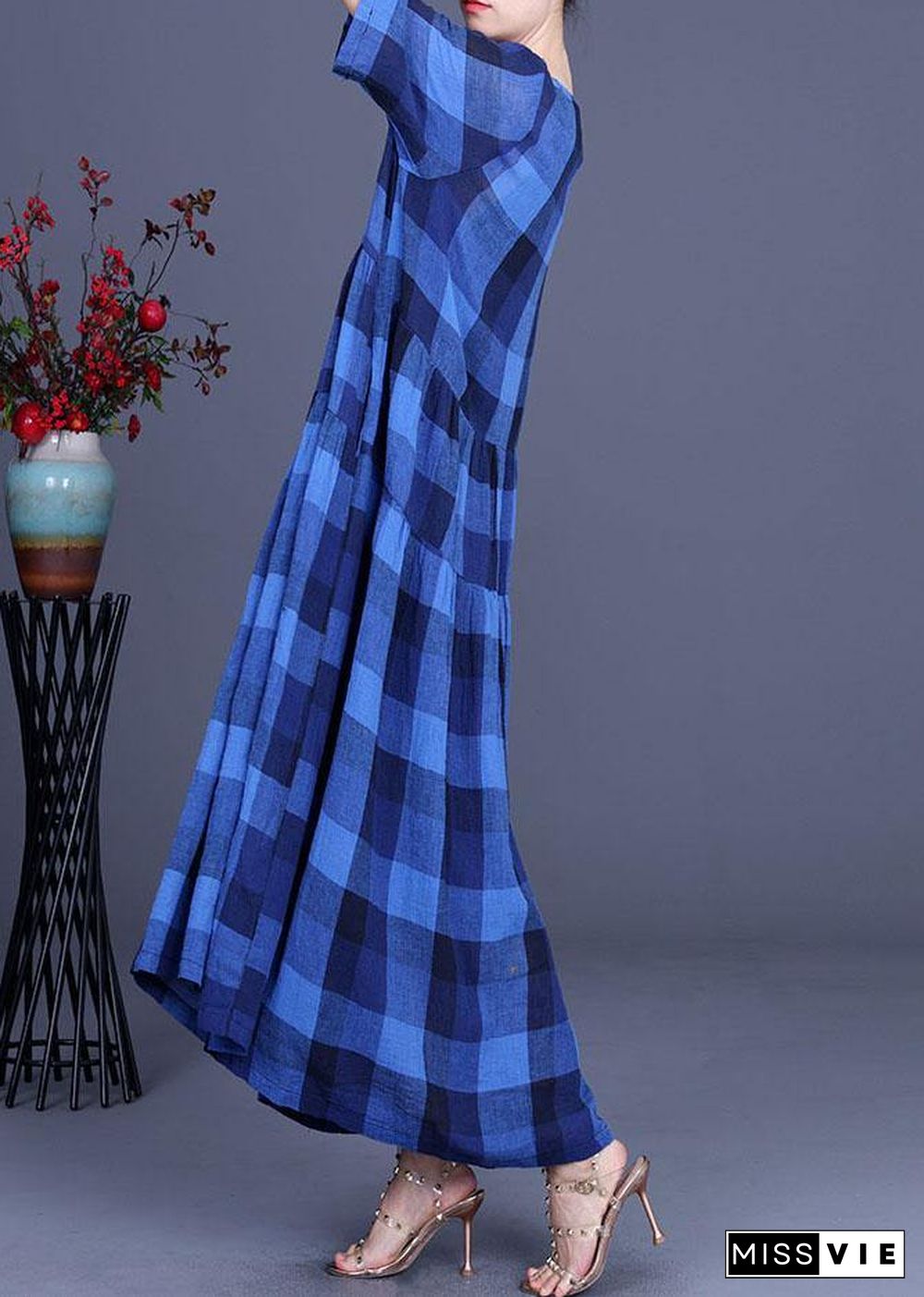 Fashion Blue Plaid Linen Embroideried Floral Summer Long Dress