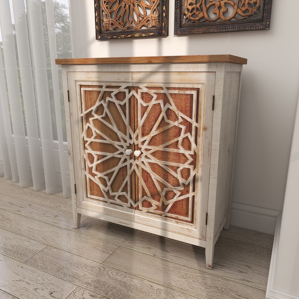 Brown Wood Farmhouse Cabinet with Carved Relief Overlay   14\