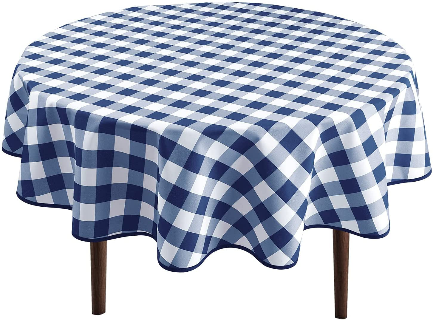 Hiasan Checkered Round Tablecloth 60 Inch - Waterproof Stain and Wrinkle Resistant Washable Fabric Table Cloth for Dining Room Party Outdoor Picnic, Navy Blue and White