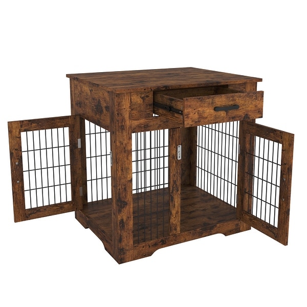 Mieres Double Door Wooden End Table Dog Crate with Double Doors， Indoor Pet Kennel Side Table with Storage Drawer