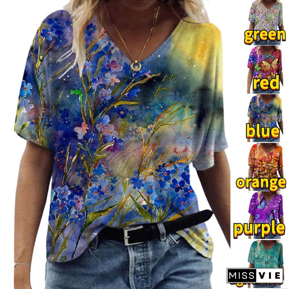 Women 3D Flower Print T Shirt Abstract Top Summer New Fashion Street Casual V-Neck Loose Tee Oversized Ladies Cotton Tops Plus Size XS-8XL