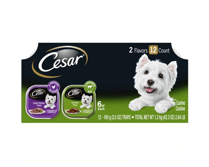 Cesar Classic Loaf in Sauce Top Sirloin  Grilled Chicken Flavors Wet Dog Food Variety Pack， (12) 3.5 oz. Easy Peel Trays