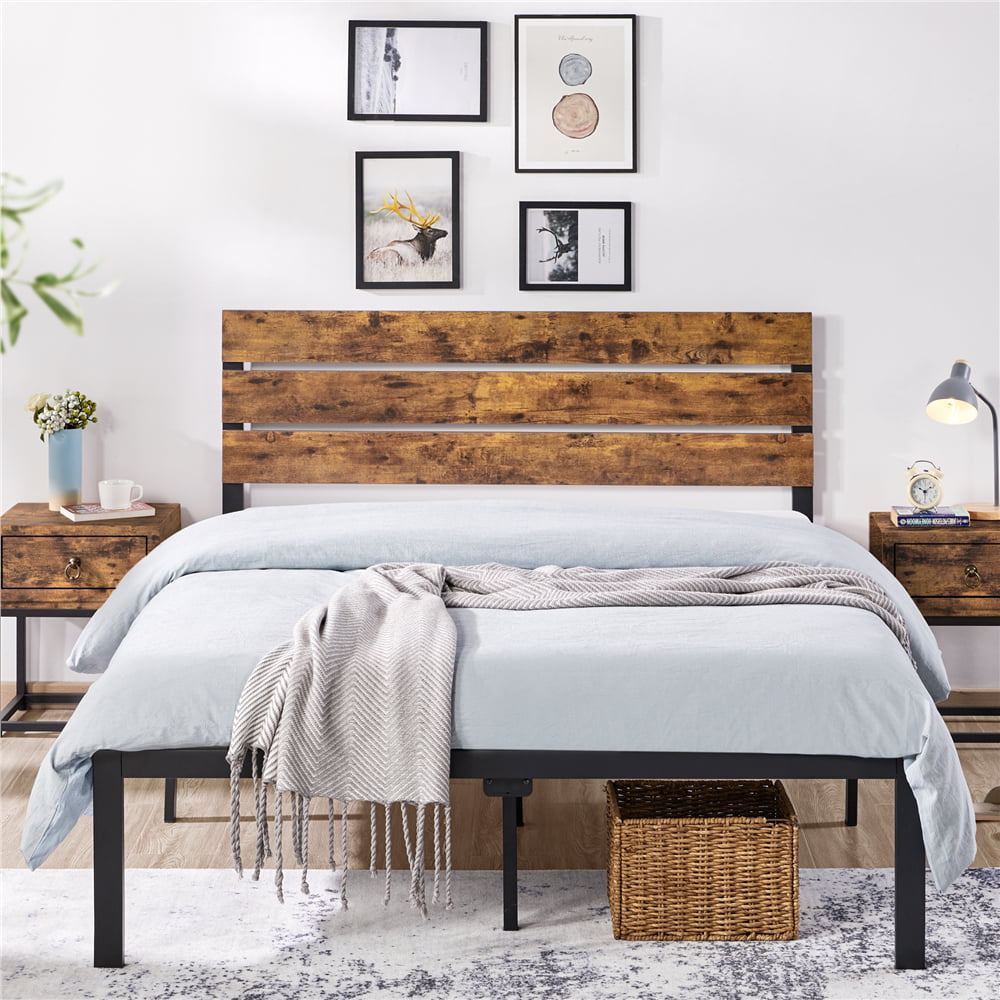 Yaheetech Metal Platform Bed Frame with Wooden Headboard, Queen