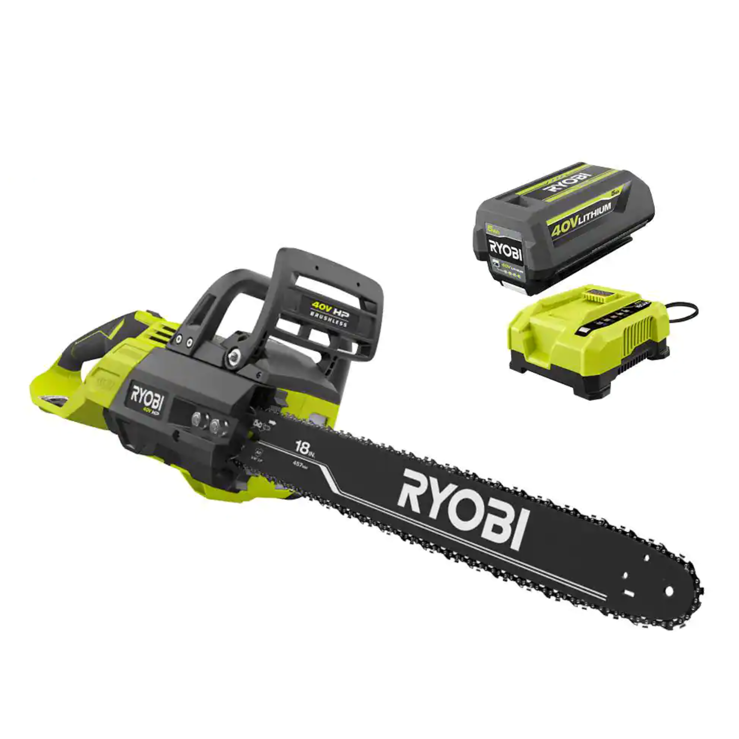 RYOBI RY40580 40V HP Brushless 18 in. Cordless Battery Chainsaw with 5.0 Ah Battery and Charger