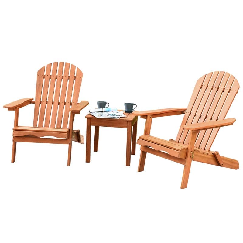 3 Pcs Slatted Design Wooden Adirondack Chair Set with Side Table & 2 Folding Lounger Chairs