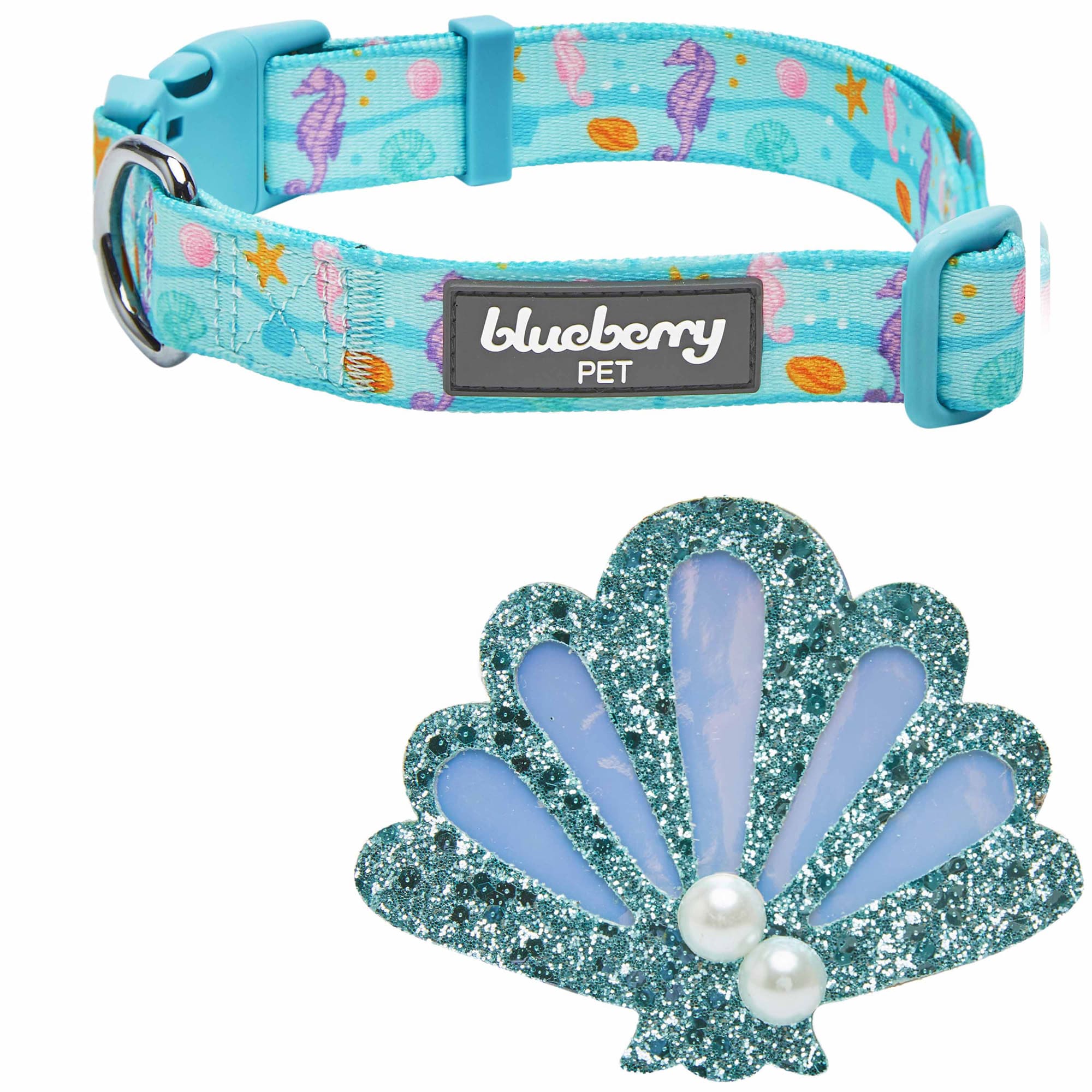 Blueberry Pet Seahorse and Friends Print Adjustable Dog Collar with Detachable Seashell， Small