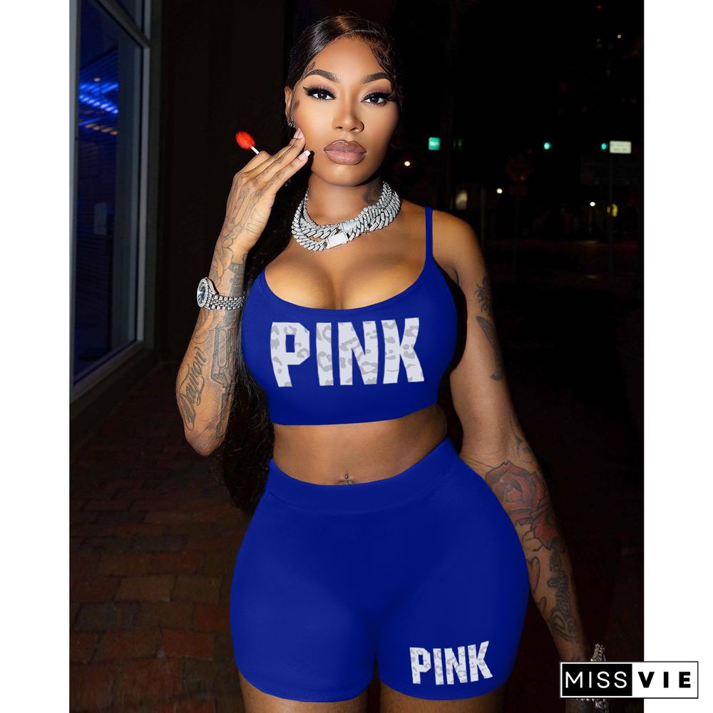 PINK Print Straps Tanks with Shorts 2 Pieces Suits