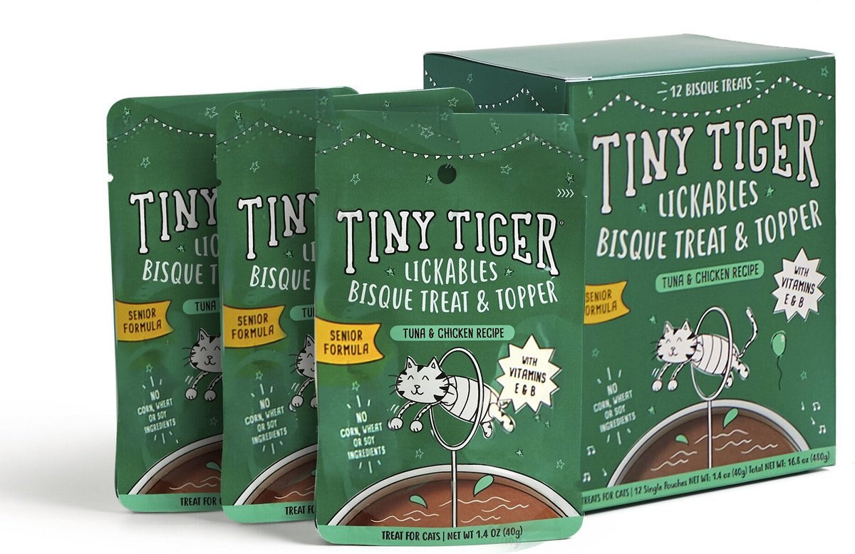 Tiny Tiger Lickables， Senior Formula， Tuna and Chicken Recipe， Bisque Cat Treat and Topper