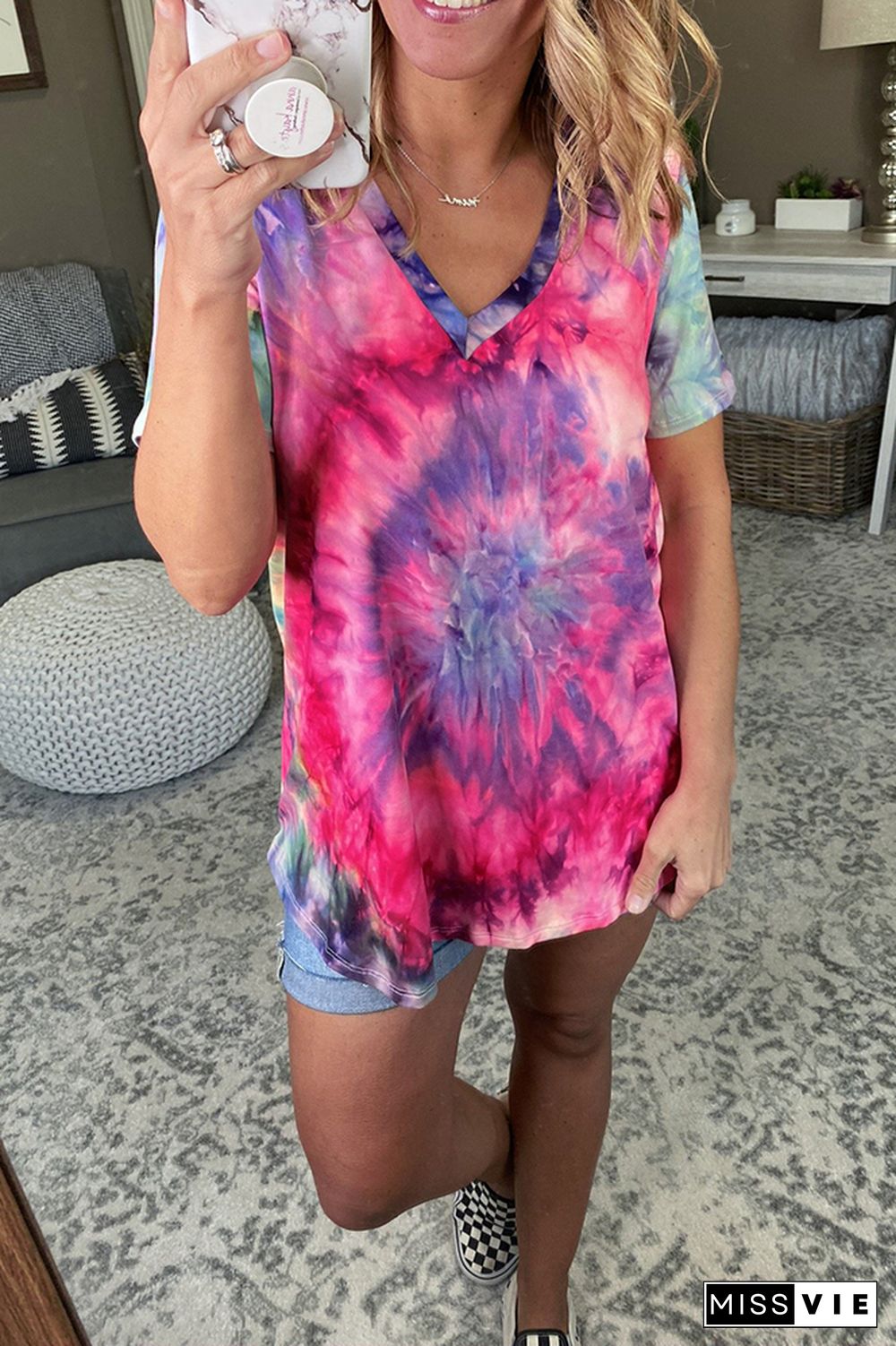 Summer Tie Dye Printed V-neck Short Sleeve T-shirt