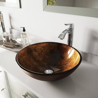 VIGO Glass Round Vessel Bathroom Sink in Russet Brown with Linus Faucet and Pop-Up Drain in Chrome VGT110