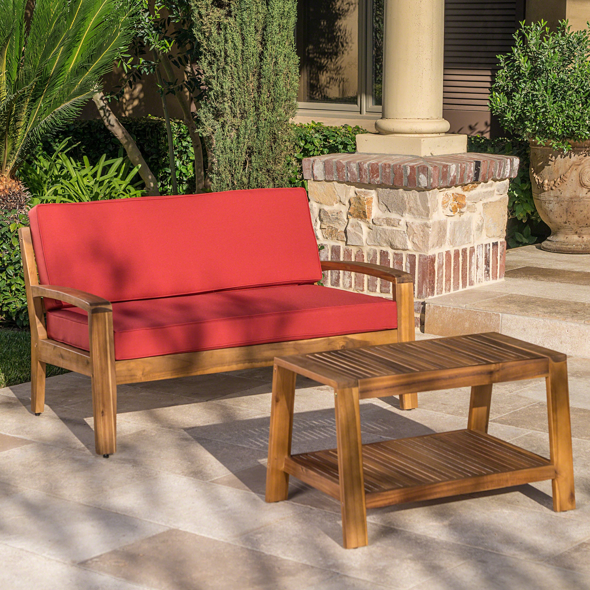 Christian Outdoor Acacia Wood Loveseat and Coffee Table Set with Cushions