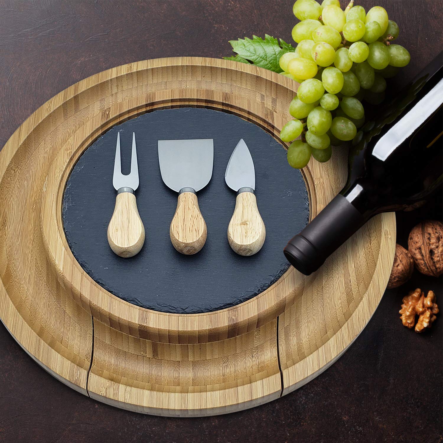 Premium Bamboo Cheese Charcuterie Board with Cutlery - 3 Stainless Steel Knife Set and an Acrylic Dome