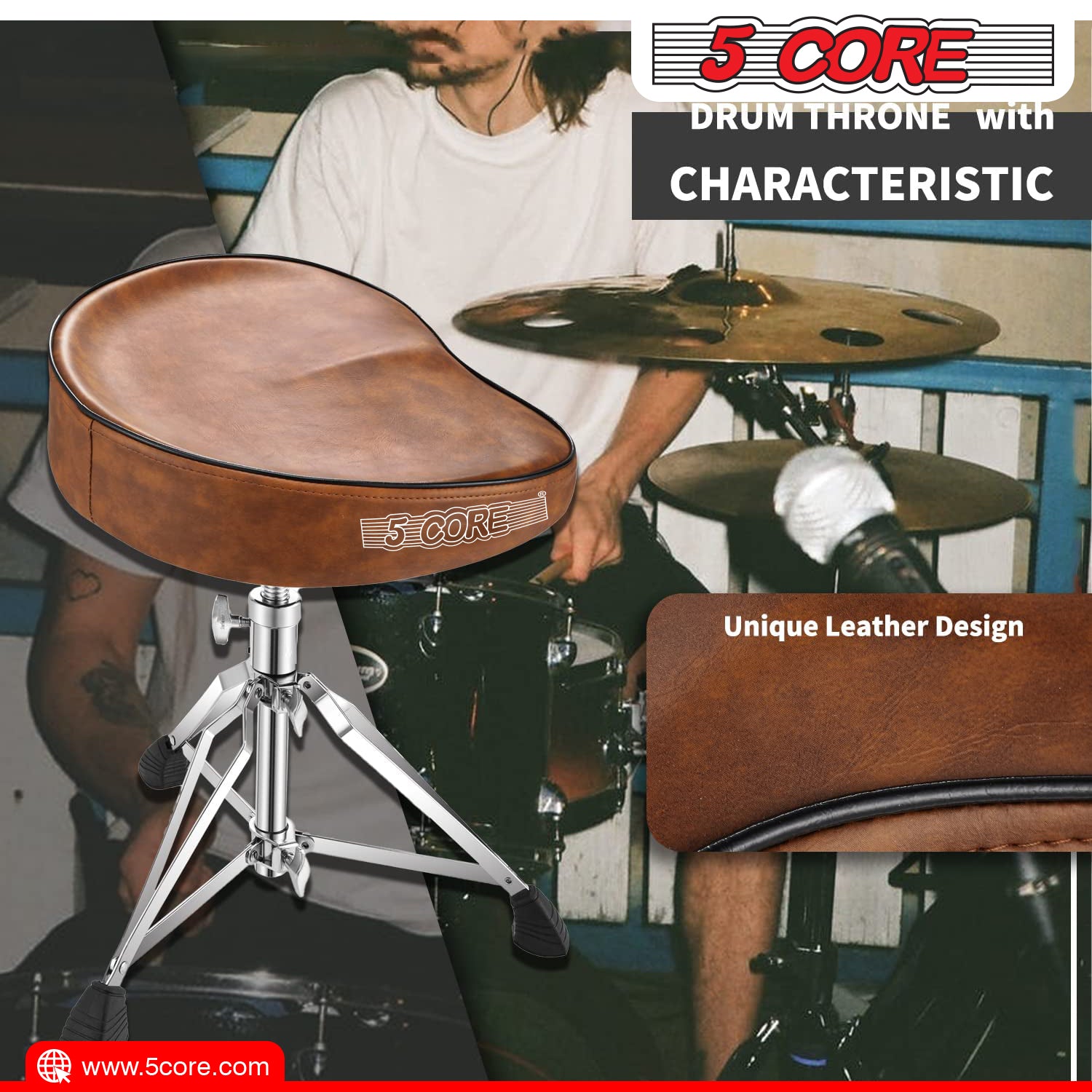 5 Core Drum Throne Saddle Brown| Height Adjustable Padded Comfortable Drum Seat| Stools Chair Style with Double Braced Anti-Slip Feet, Comfortable Seat for Drummers, Guitar Players- DS CH BR SDL