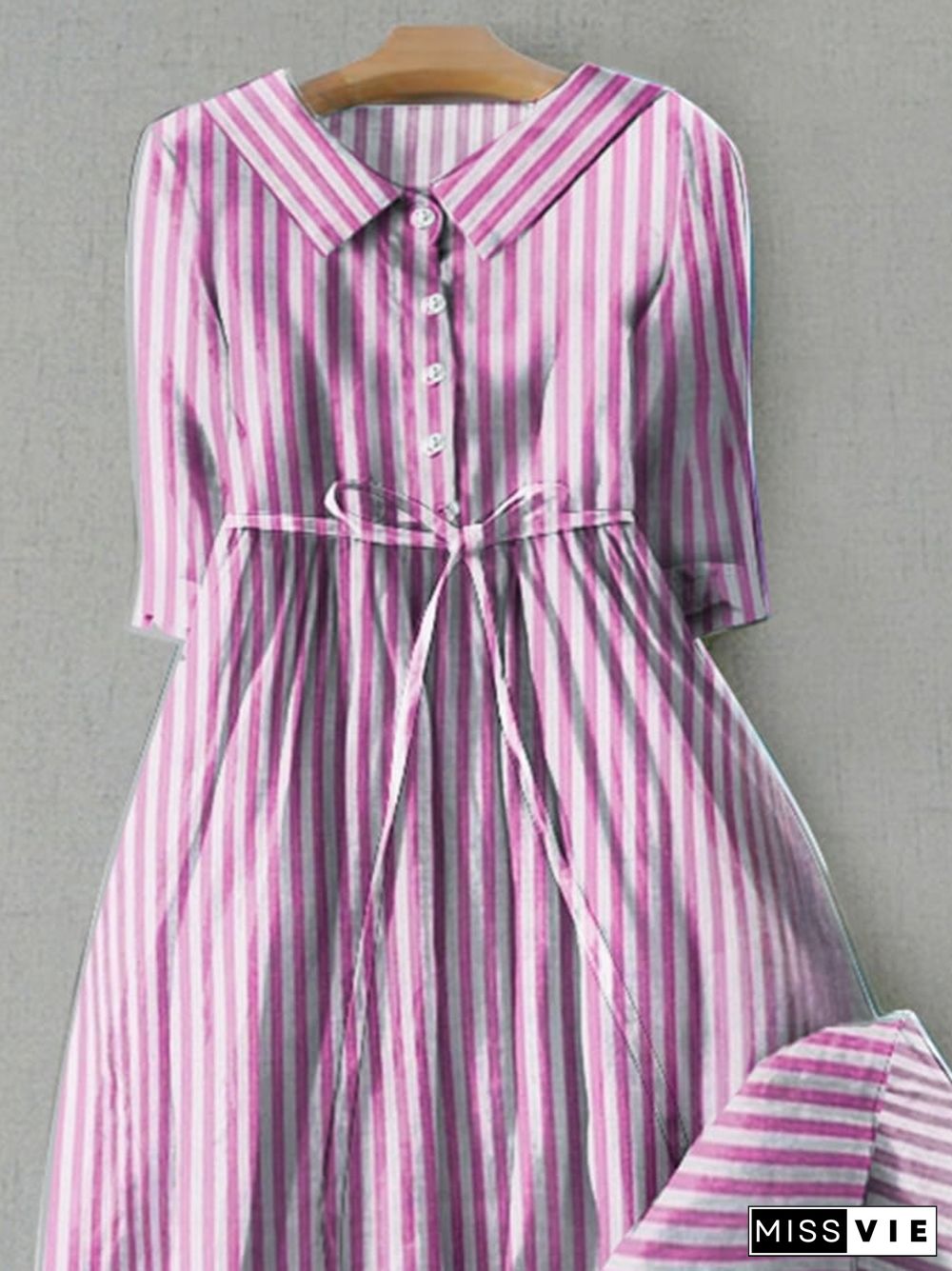 Fashion Casual Cotton Stripes With Pocket Lace Dresses