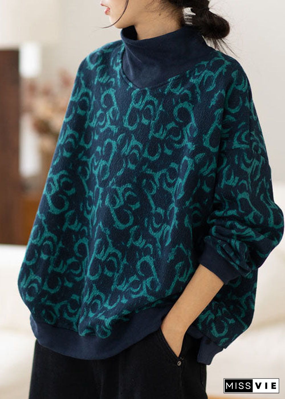 Plus Size Navy Turtle Neck Print Warm Fleece Sweatshirts Top Spring