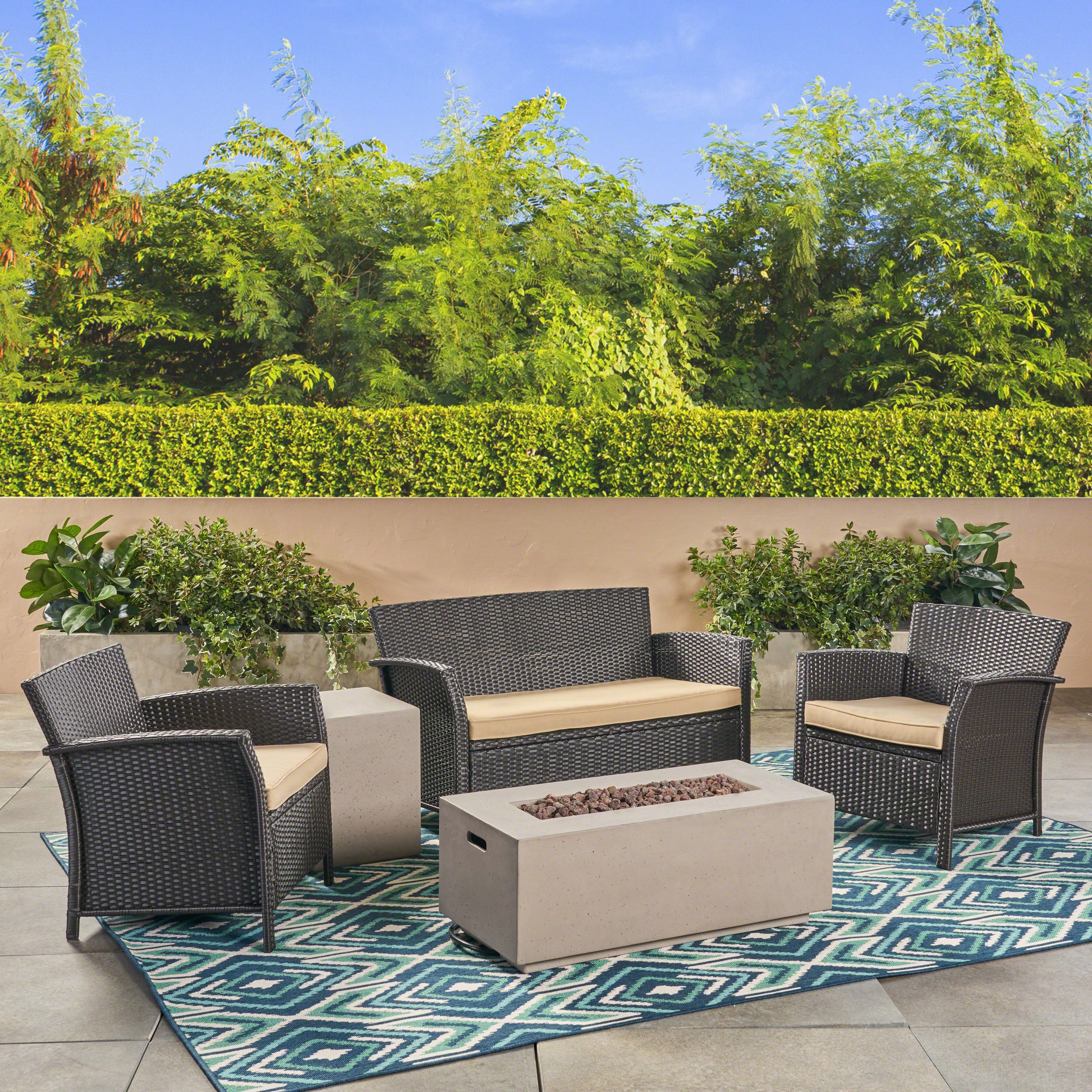 Laiah Outdoor 4 Seater Wicker Chat Set with Fire Pit