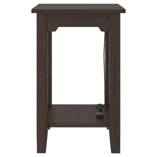 Wooden Side End Table with 2 USB Ports and Power Cord， Dark Brown