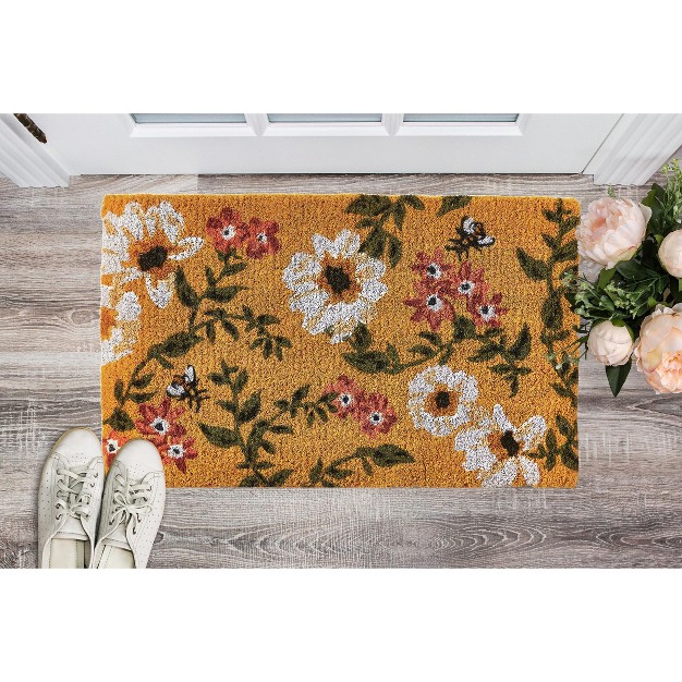 Bee With White And Orange Flowers Floral Rectangle Indoor And Outdoor Coir Door Welcome Mat Yellow Background