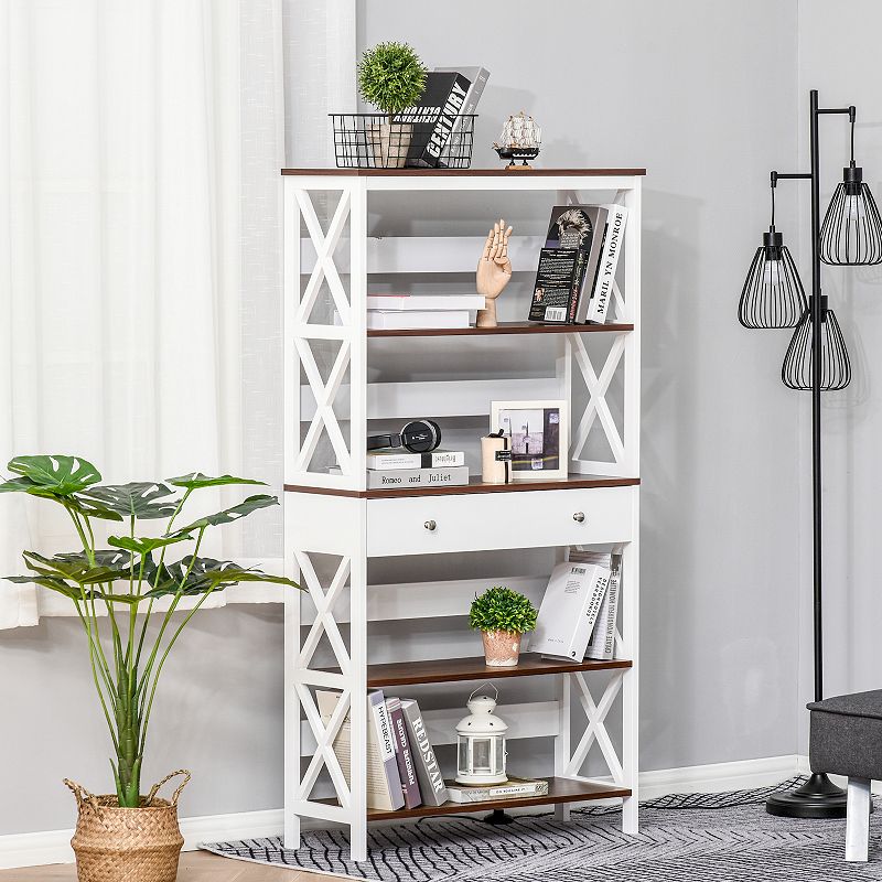 HOMCOM 4 Tier Shelving Bookcase Storage Cupboard with Pull Out Drawer and Wooden Frame with X Bar Stability White