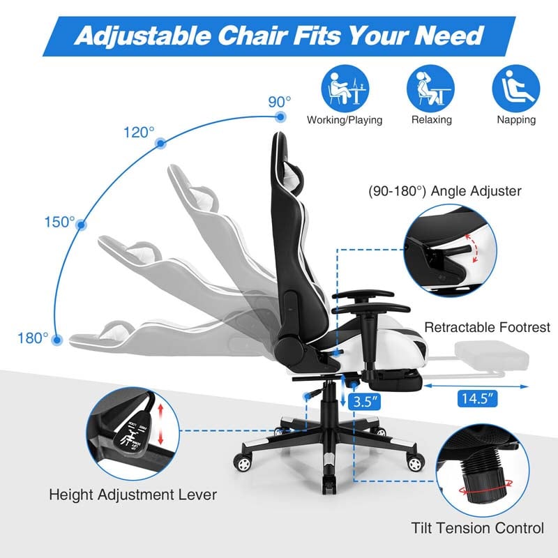 Massage Gaming Chair Recliner, High Back Ergonomic Gamer Racing Chair Adjustable Computer Chair Office Chair with Footrest, Headrest & Lumbar Support