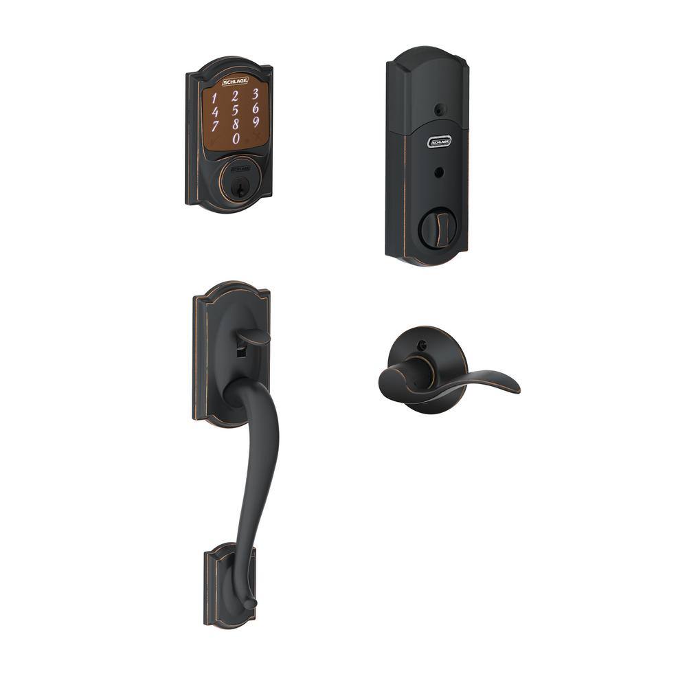 Schlage Camelot Aged Bronze Sense Smart Door Lock with Left Handed Accent Lever Door Handleset BE479AA V CAM 716 + FE285 CAM 716 ACC LH