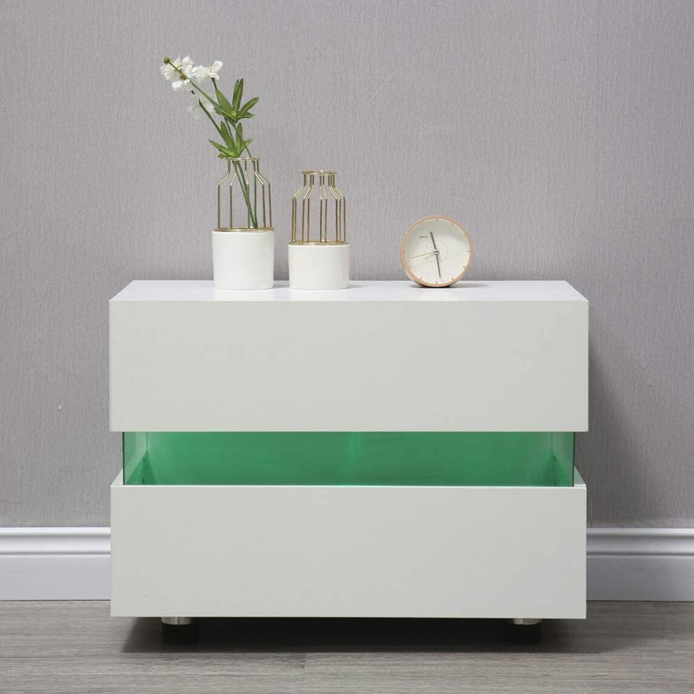 Anqidi White/Black High Gloss Nightstand, Modern Multi-color LED Light Bedside End Table Minimalist Storage Cabinet with 2 Drawers