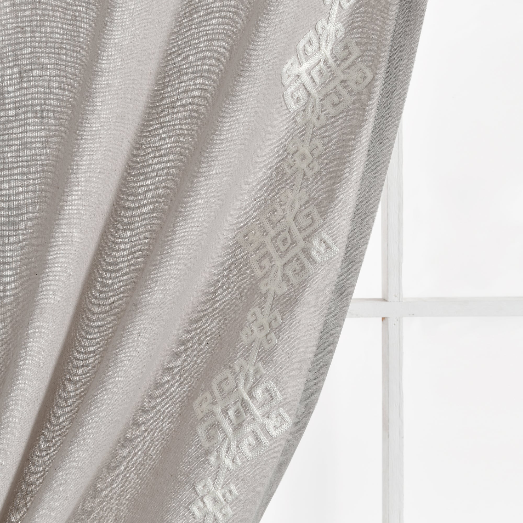 Luxury Modern Geo Linen Like Embroidery Border Window Curtain Panel