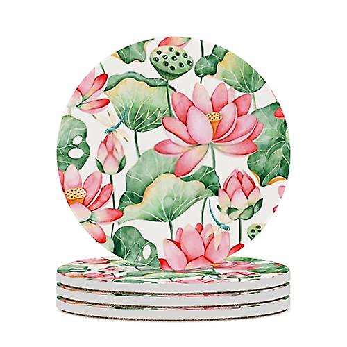 Round Drink Coasters 4 Pcs Lotus With Water Lilies And Dragonflies Absorbent Ceramic Coaster With Cork Base For Coffee Cups Housewarming Gift For Home