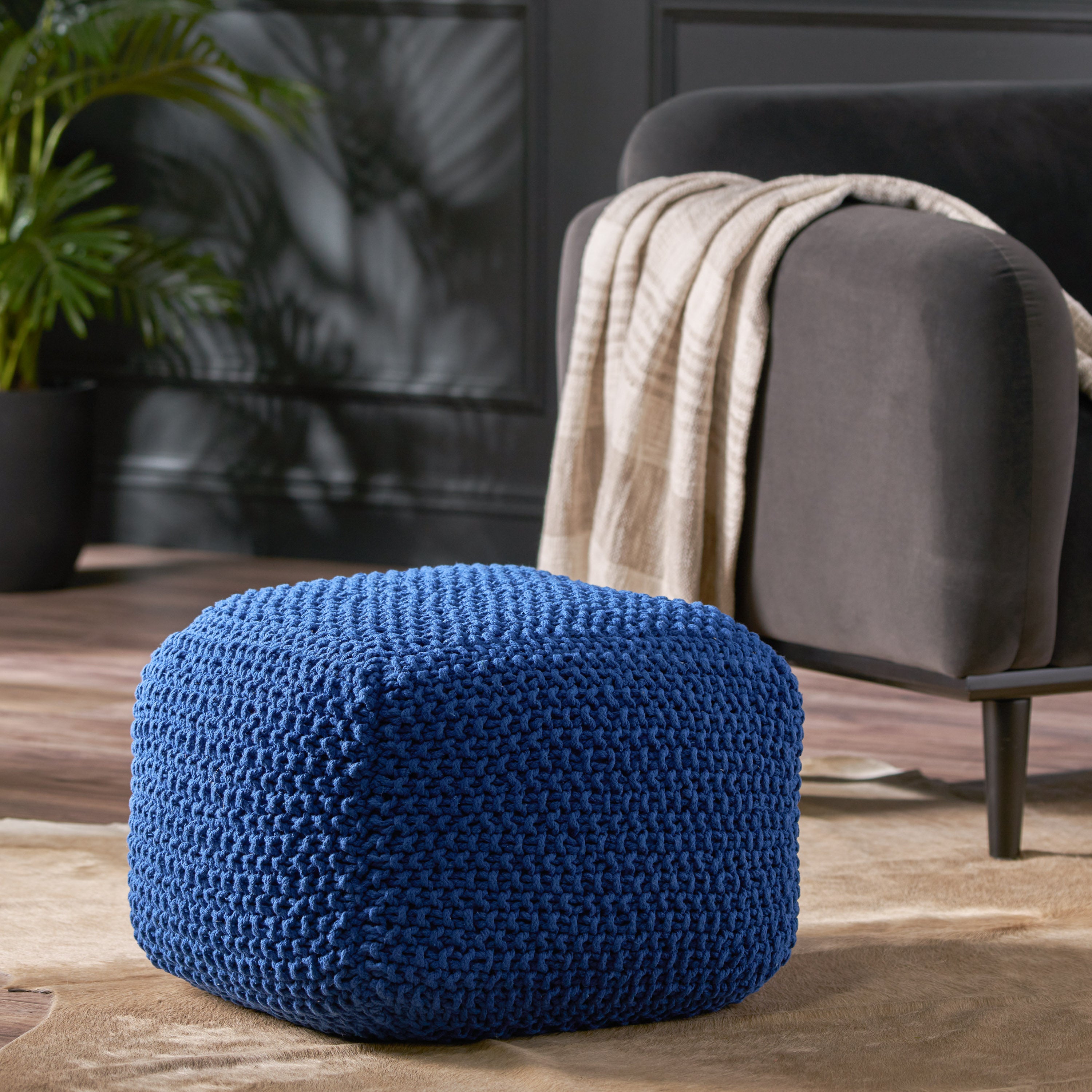 Knox Modern Boho Hand-Knitted Cotton Thread Pouf Foot Stool