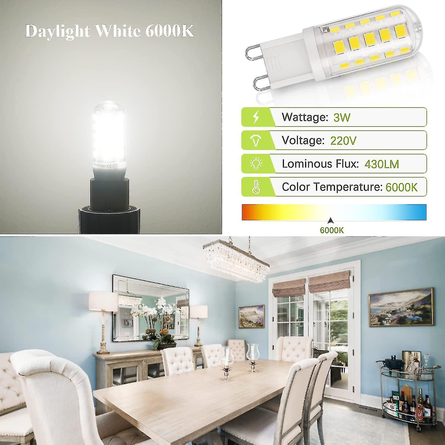 6pack 3w G9 Led Bulb，430lm=40w Halogen，cool White 6000k，220-240v，cri>85，non-dimmable，standard G9 Base[energy Class D]