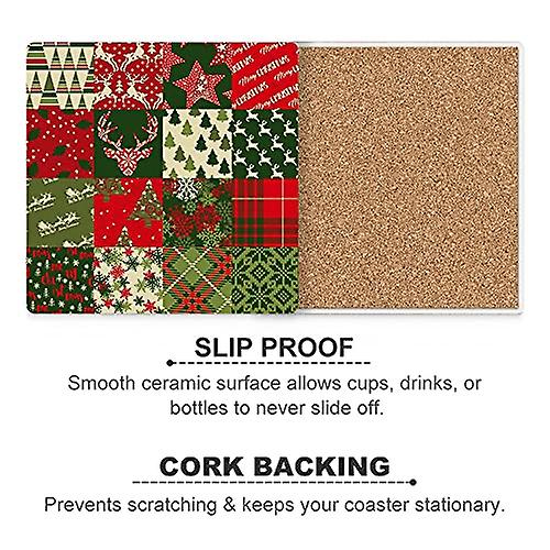 Colourlife Christmas Elements Patchwork Printed Square Ceramic Coaster For Drinks With Cork Base For Coffee Cups Place Mats For Home Decor Set Of 4 Pi