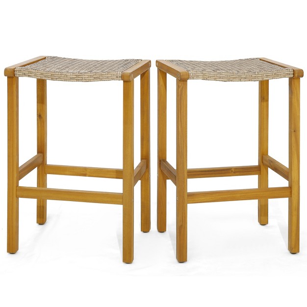 Tangkula Outdoor Wood Bar Stools Set Of 2 4 30 Bar Height Acacia Wood Stools With Pe Rattan Saddle Seat Outdoor Wicker Bar Chairs