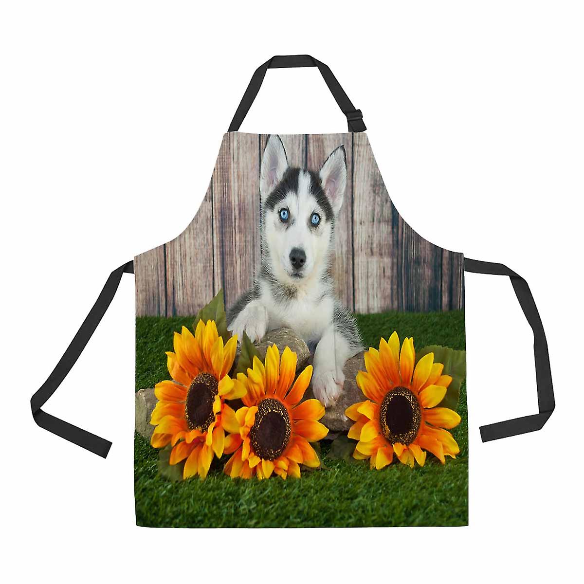 Sweet Husky Puppy Laying Grass Sunflowers Around Her Unisex Adjustable Bib Apron With Pockets For Commercial Restaurant And Home Kitchen Use